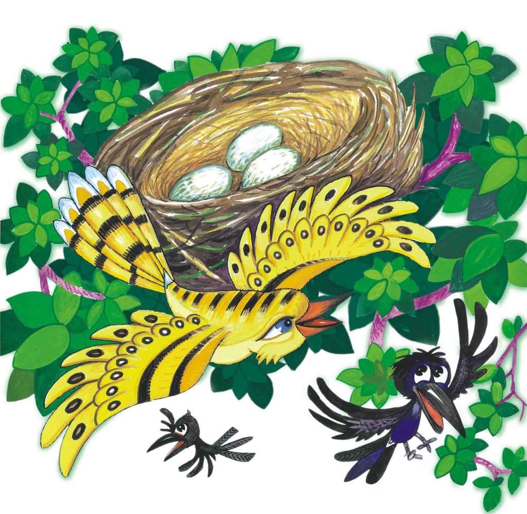 The crow became fat soon because he was eating too much. One day, when he finished eating, he felt so happy that he wanted to crow. He could not control himself and began crowing. Within a moment, the pigeons knew that it was a crow who was eating their grains. They attacked the crow.The pigeons pecked at him so furiously that he started bleeding. When the crow screamed, other crows reached the roof of the house to save their brother. But they could not identify him because he had painted himself grey. They left him to fend for himself. The crow was killed by the pigeons. Moral : One should be honest in one’s dealings.