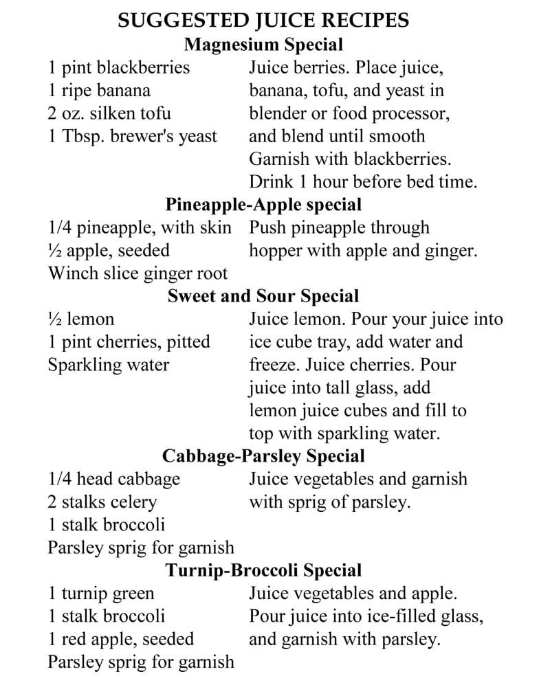 juices recipes table